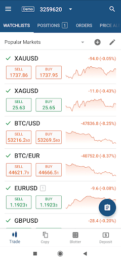 cTrader mobile app interface